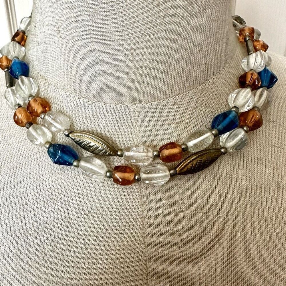 Vintage glass  blue orange beaded long necklace